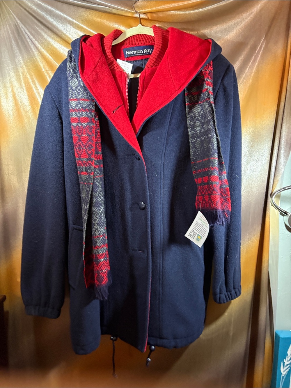Vintage 90’s Herman Kay Navy Pea Coat with Red Hood. XL F2